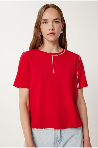 Women's Red Contrast Stitching Detailed Knitted T-Shirt