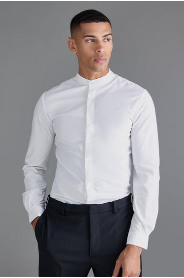 Long Sleeve Grandad Collar Slim Shirt - white