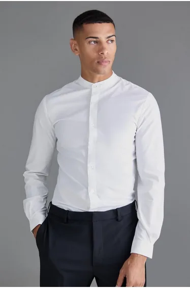 Long Sleeve Grandad Collar Slim Shirt - white