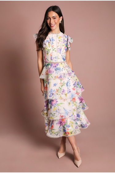Lace Trim Tiered Organza Midi Dress