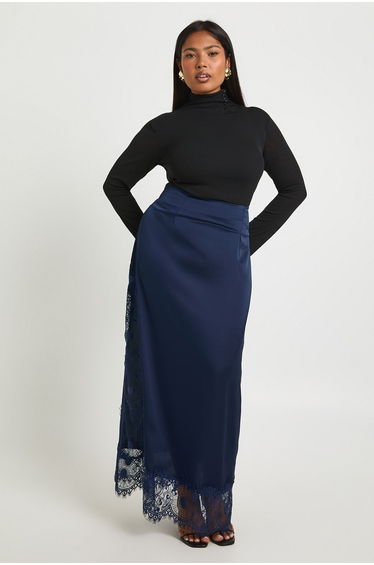 Plus Satin Lace Trim Midaxi Skirt - navy