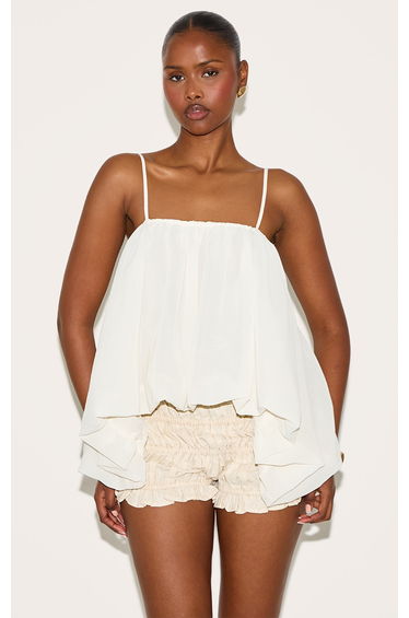 Cream Puffball Chiffon Spaghetti Strap Cami