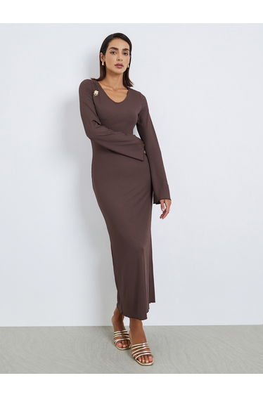 Women Brown Ribbed Knit Maxi Dress