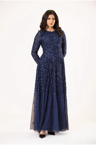 Sila Long Sleeve Embellished Maxi Dress in Dark Blue