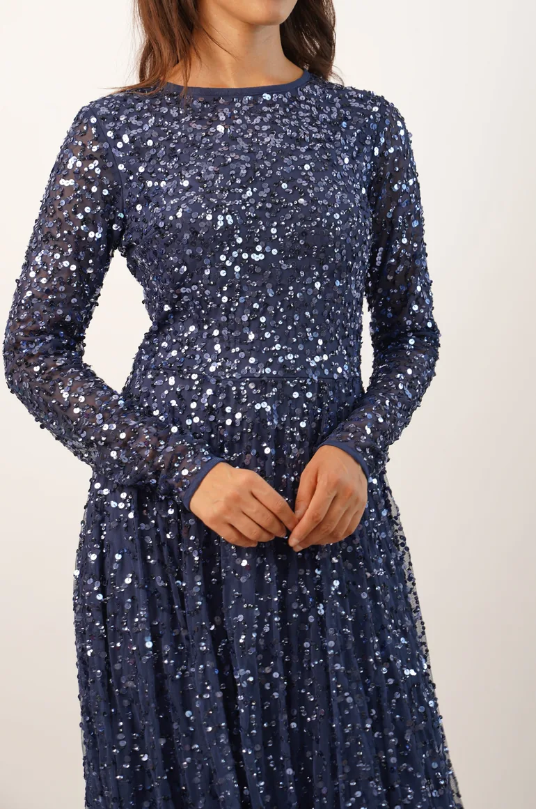 Sila Long Sleeve Embellished Maxi Dress in Dark Blue - 5