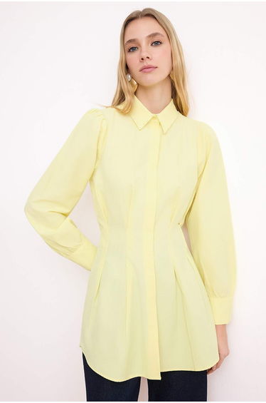 Light Yellow Pearl Fitted Terrycotton Plain Woven Hijab Shirt