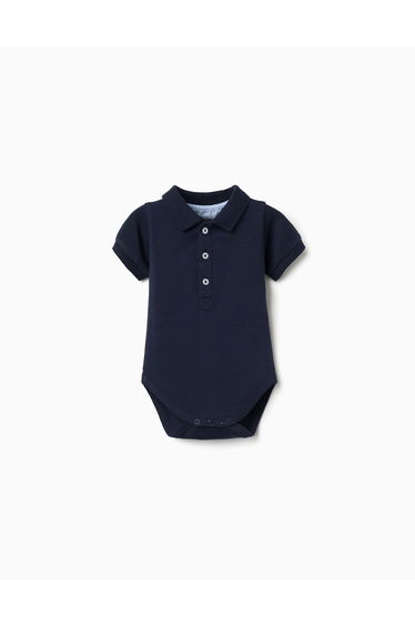 Short sleeve cotton polo bodysuit for newborn boys, dark blue