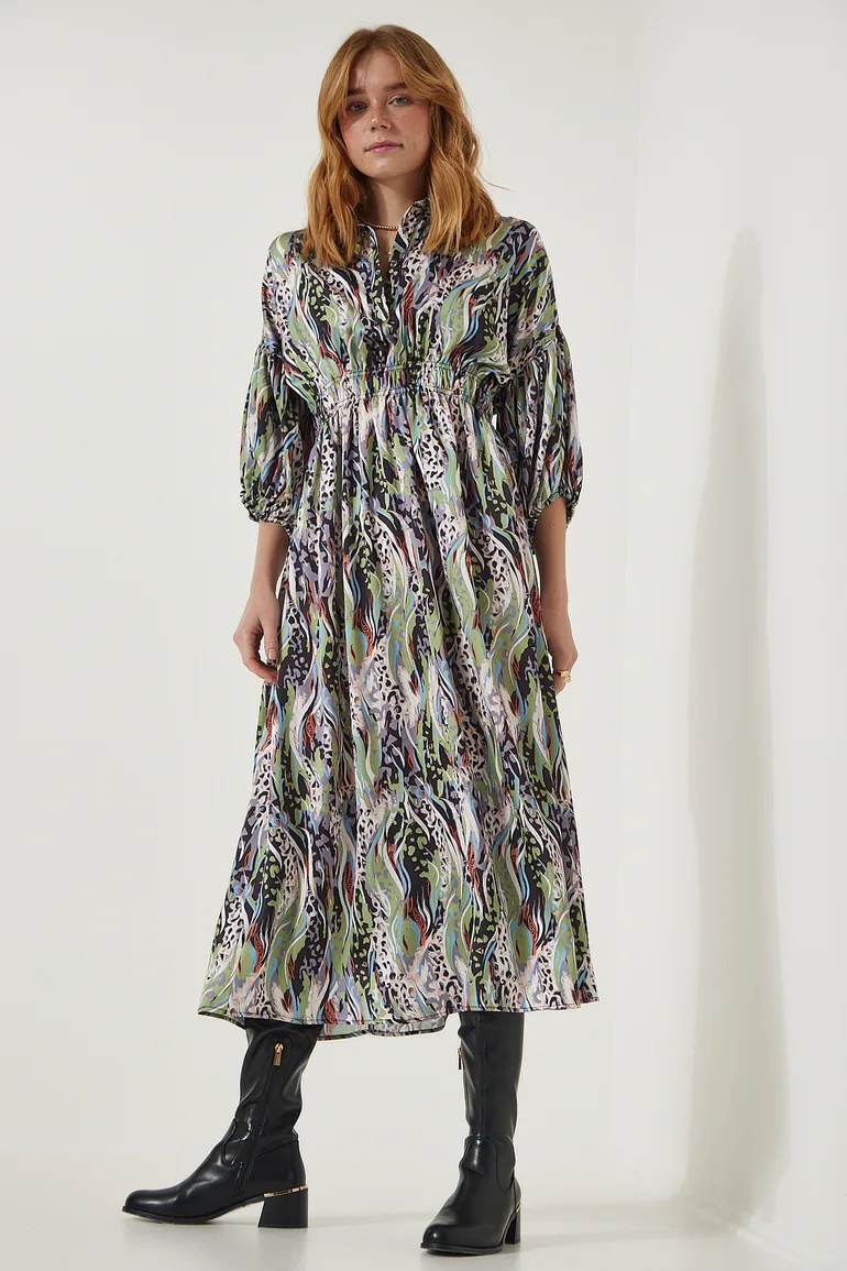 Women's Green Patterned Satin Surface Elegant Dress - 5