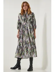 Women's Green Patterned Satin Surface Elegant Dress - 5