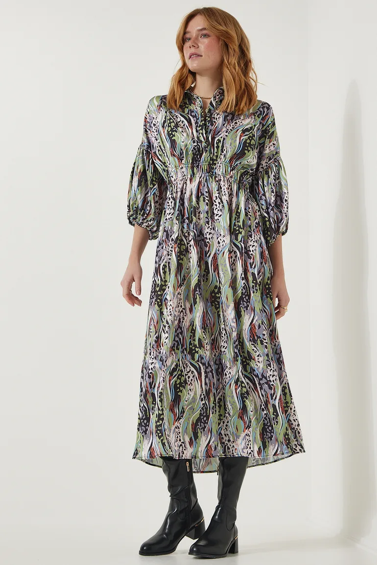 Women's Green Patterned Satin Surface Elegant Dress