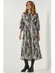 Women's Green Patterned Satin Surface Elegant Dress