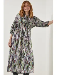 Women's Green Patterned Satin Surface Elegant Dress - 3