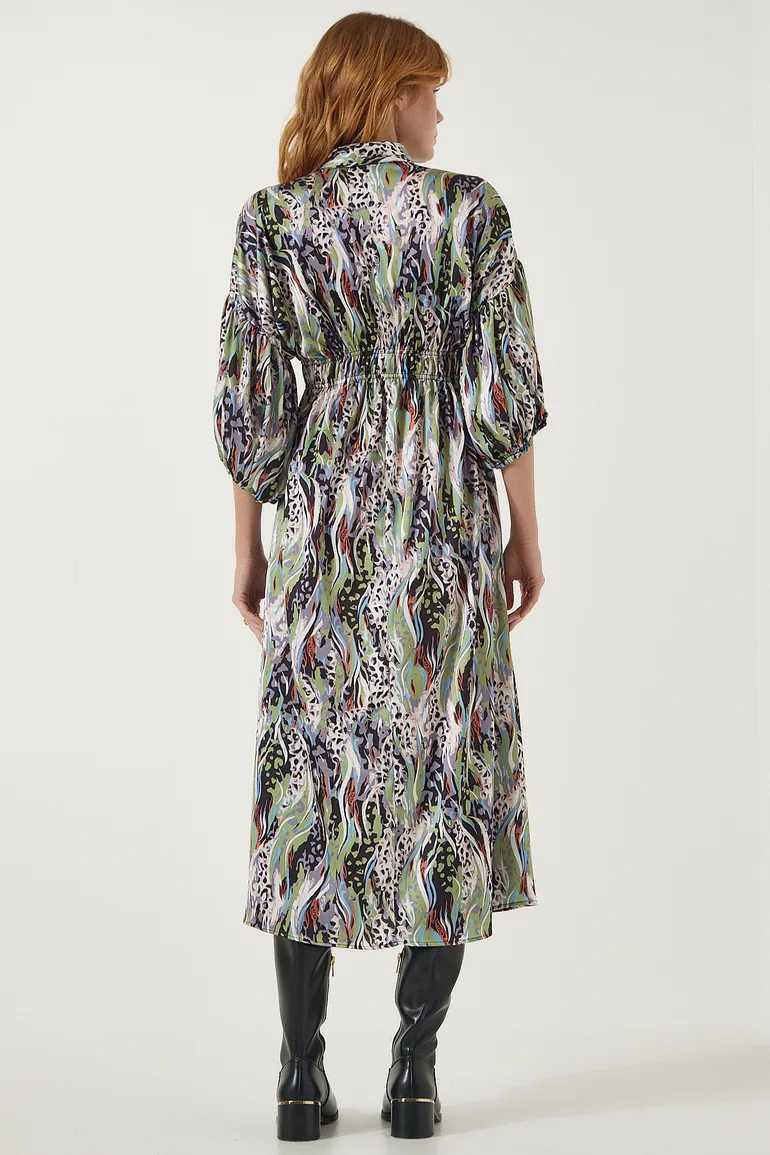 Women's Green Patterned Satin Surface Elegant Dress - 7