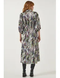 Women's Green Patterned Satin Surface Elegant Dress - 7