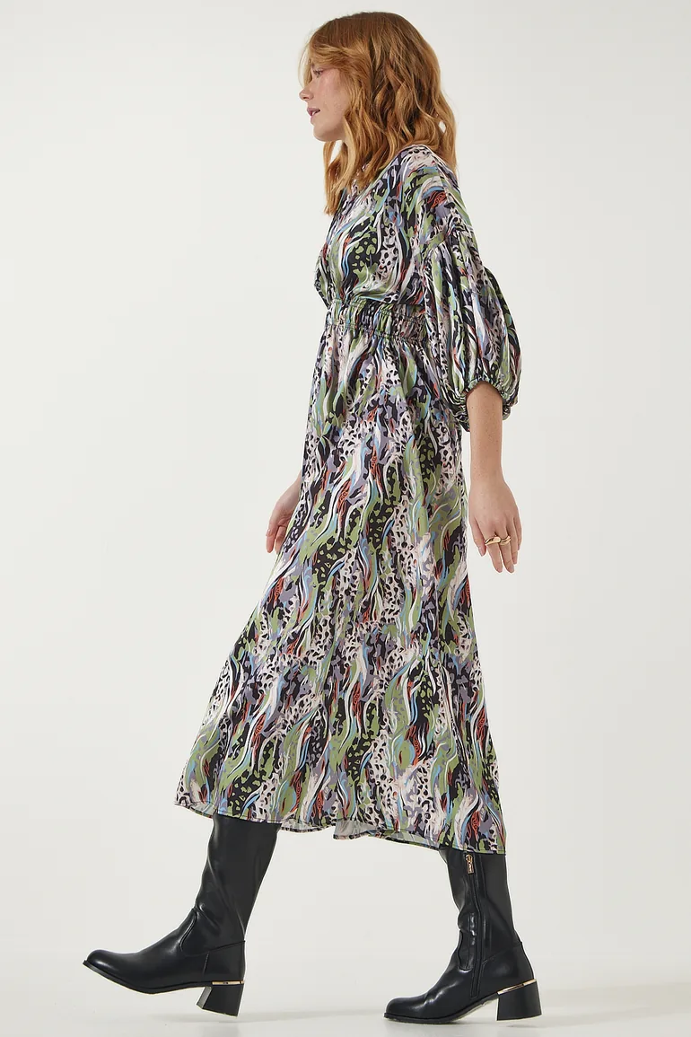 Women's Green Patterned Satin Surface Elegant Dress - 4