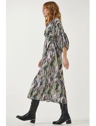 Women's Green Patterned Satin Surface Elegant Dress - 4