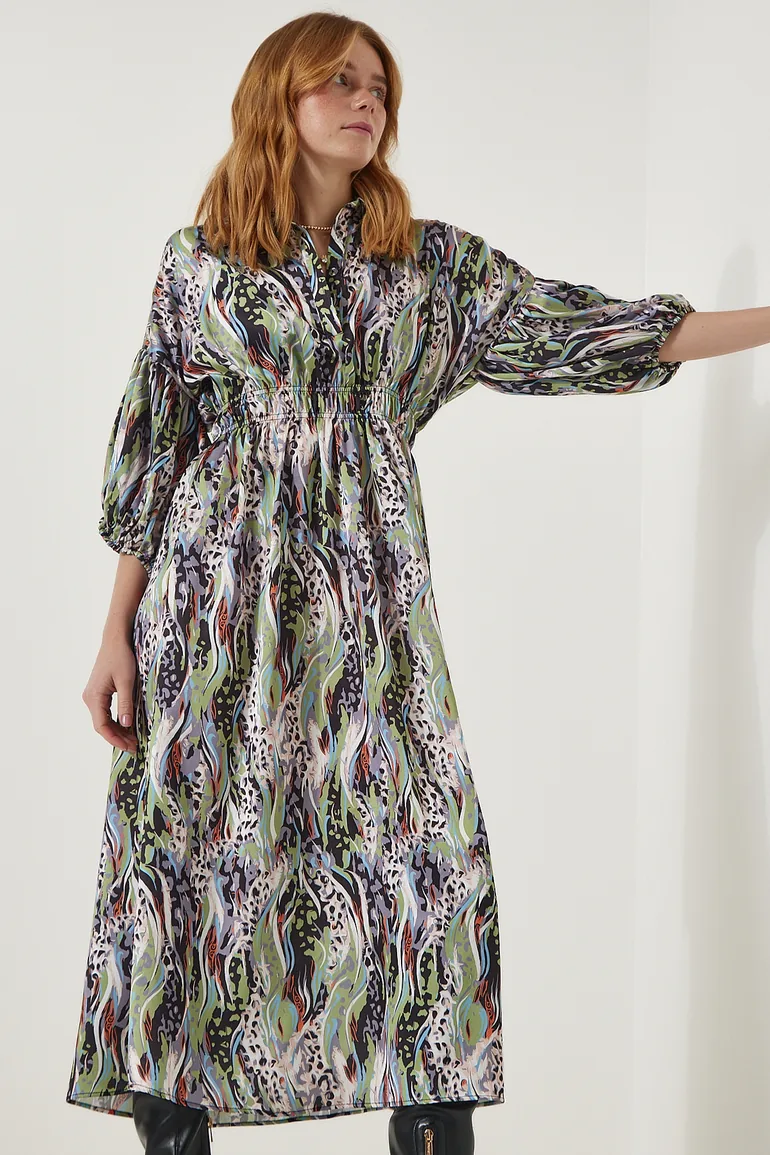 Women's Green Patterned Satin Surface Elegant Dress - 2