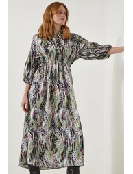 Women's Green Patterned Satin Surface Elegant Dress - 2