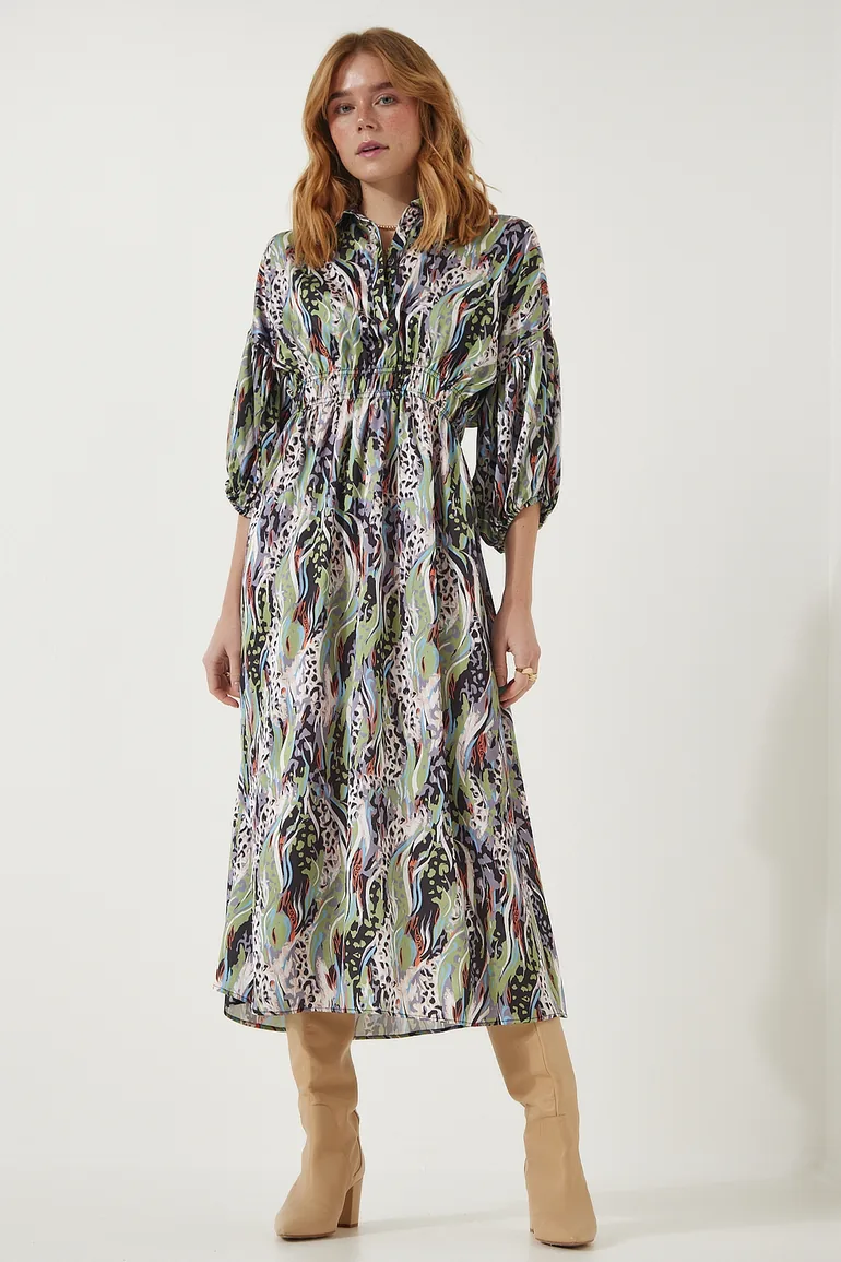 Women's Green Patterned Satin Surface Elegant Dress - 1