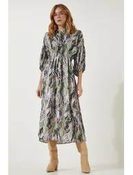 Women's Green Patterned Satin Surface Elegant Dress - 1