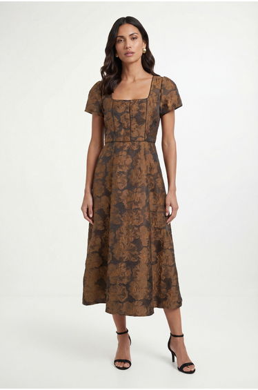Jacquard Contrast Piping Midi Dress