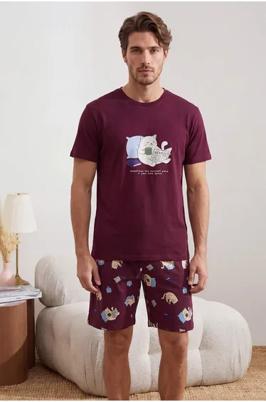 Mürdüm Couple / Couple Regular Fit Cat Printed Summer Knitted Pajamas Set