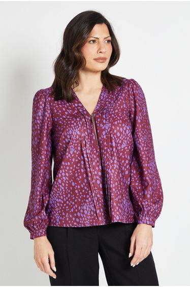 Polka Dot Pleated Collar Zip Detail Blouse