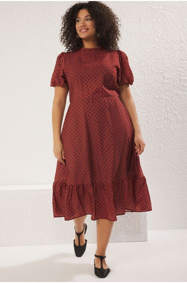 Brick Red Stand Collar Polka Dot Patterned Balloon Sleeve Long Woven Dress