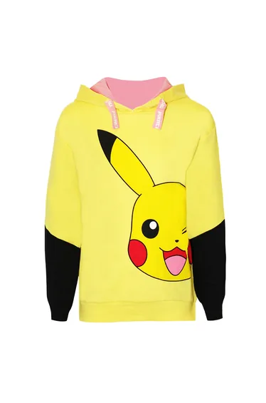 Pokemon Girls Pikachu Face Drawstring Hoodie - Yellow