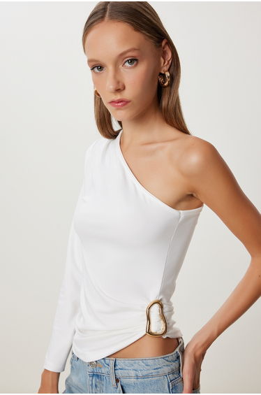 Women's Ecru One Shoulder Gold Accessory Sandy Blouse