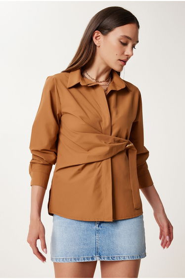 Women's Tan Gold Appliqued Poplin Shirt