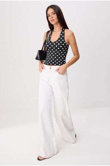 Black Polka Dot Fitted Halter Neck Sleeveless Short Stretchy Knitted Blouse