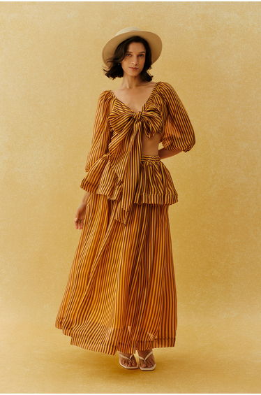 Lazy Holiday Burnt Orange Stripe Tie Front Crop Top & Skirt Set