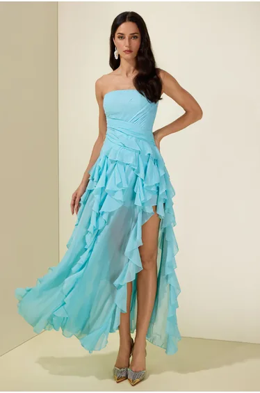Pleated Frill Strapless Midi Dress