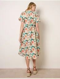 Leaf Print Tie Waist Shirt Midi Dress - 4
