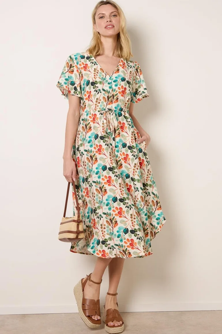 Leaf Print Tie Waist Shirt Midi Dress