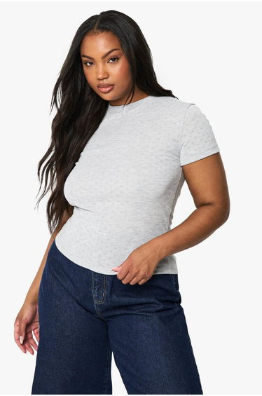 PLUS POINTELLE SHORT SLEEVE FITTED TOP - ash grey