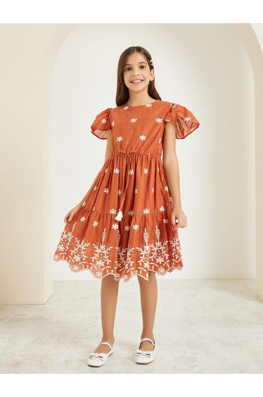 Girls Brown Embroidered A-Line Midi Dress
