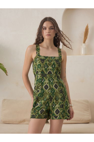 Women Green Cotton Printed Jumpsuit