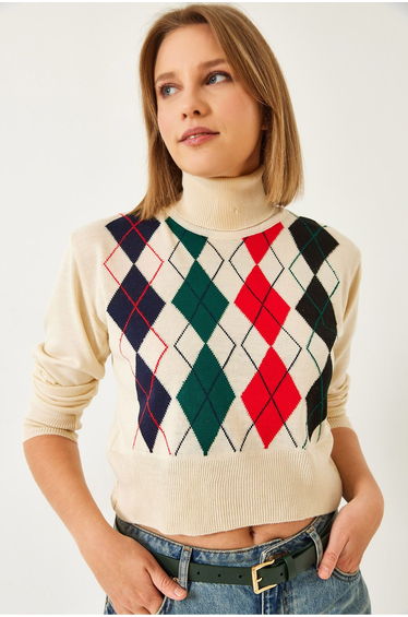 Women's Turtleneck Patterned Crop Knitwear Sweater