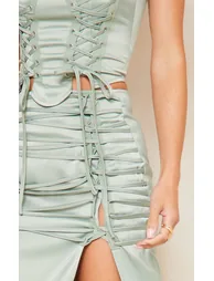 Sage Khaki Satin Lace Up Back Midi Skirt - 3