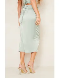 Sage Khaki Satin Lace Up Back Midi Skirt - 2
