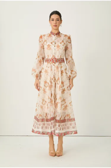 Glowing Presence Apricot Floral Print Mandarin Collar Maxi Dress