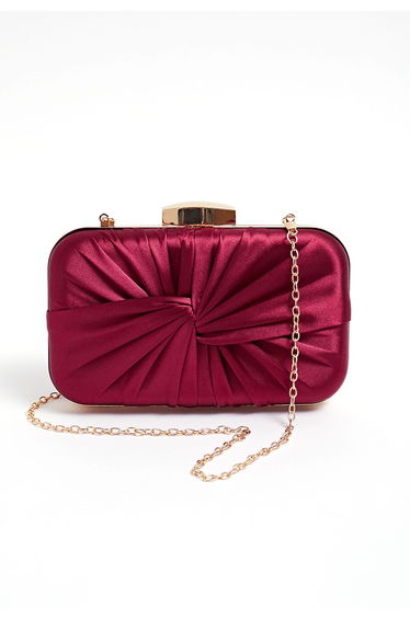 Ruched Knotted Satin Clutch in Burgundy