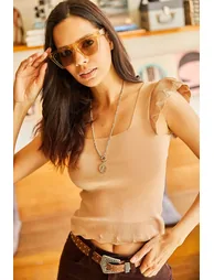 Women's Dark Camel Sleeves Ruffled Summer Knitwear Blouse - 2
