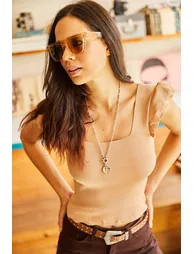 Women's Dark Camel Sleeves Ruffled Summer Knitwear Blouse - 1