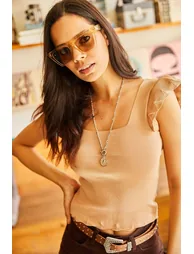 Women's Dark Camel Sleeves Ruffled Summer Knitwear Blouse - 3