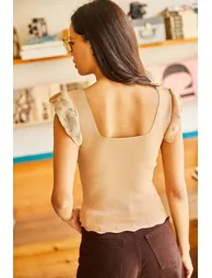 Women's Dark Camel Sleeves Ruffled Summer Knitwear Blouse - 4