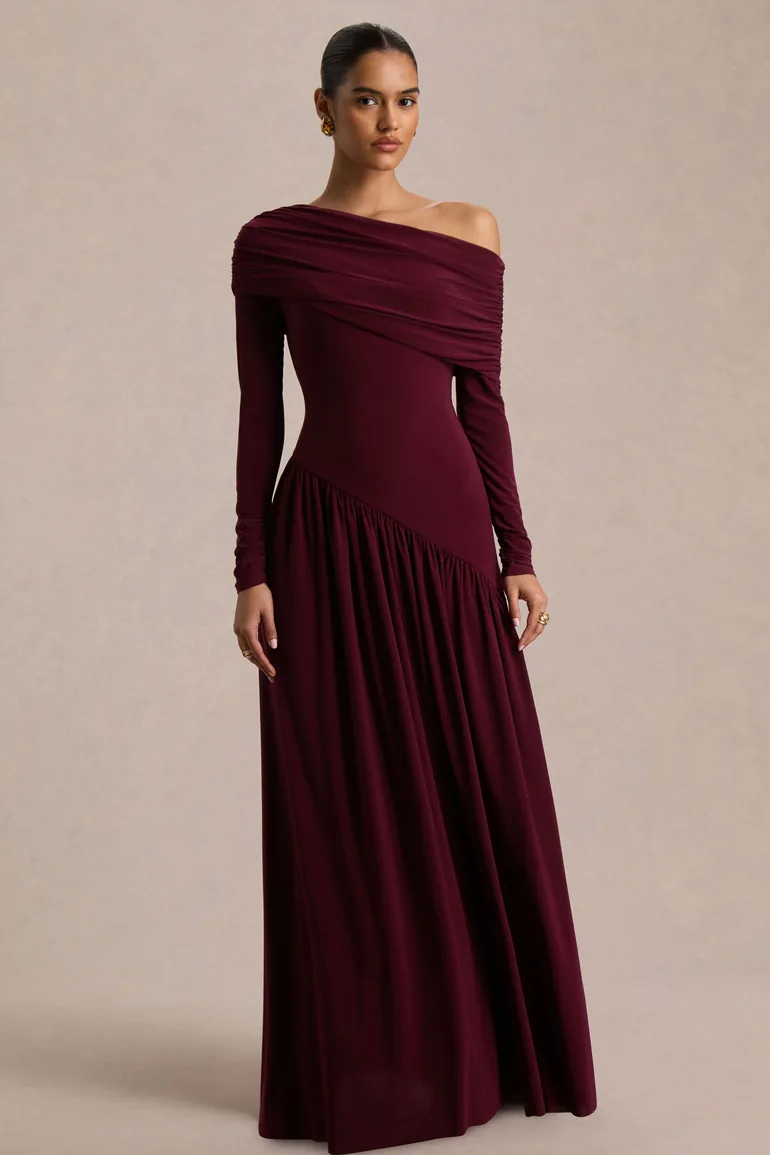 Farah | Burgundy High-Neck Maxi Dress With Drop Waist And Ruched Detailing Club L London : Premium Dresses : VogaCloset Kuwait Farah | Burgundy High-Neck Maxi Dress With Drop Waist And Ruched Detailing Club L London : Premium Dresses : VogaCloset Kuwait