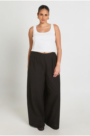 Plus Linen Look Pleated Wide Leg Trouser - black